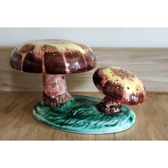 Vintage Double Mushroom Ceramic Hat Pin Holder Yellow & Brown Tones Beautiful - Picture 12 of 12